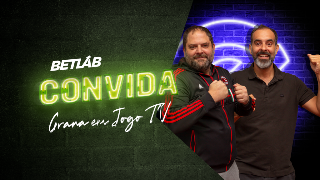 imagem de um muro com os dois integrantes do Grana em Jogo TV na frente e escrito "betlab Convida com Grana em Jogo TV"