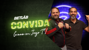 imagem de um muro com os dois integrantes do Grana em Jogo TV na frente e escrito "betlab Convida com Grana em Jogo TV"